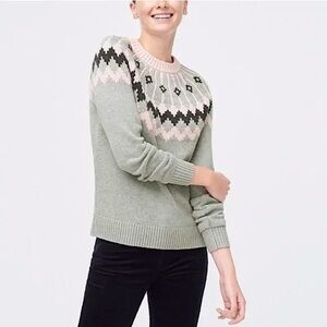 J-Crew Chic Nordic Gray Sweater with Pink and Black Pattern